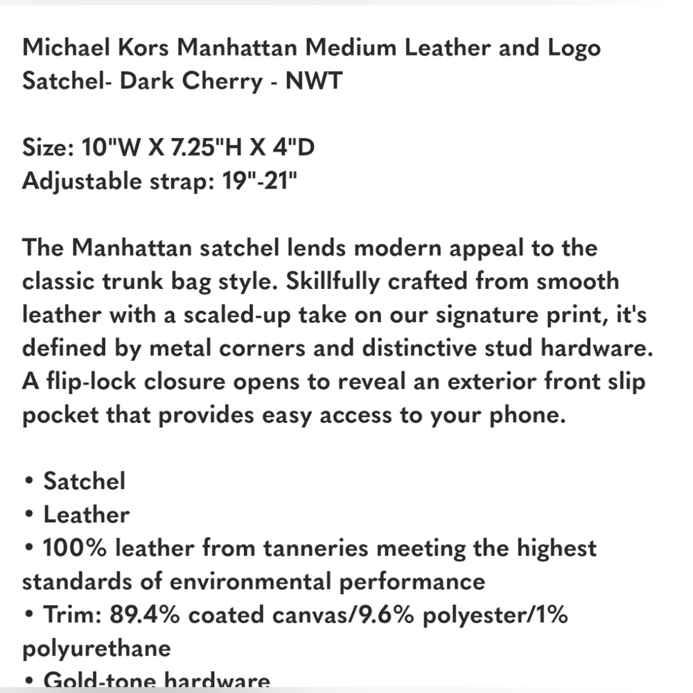💜🔹️Michael Kors 🔹️Manhattan Medium Leather and Logo Satchel- Dark Cherry - Picture 7 of 7